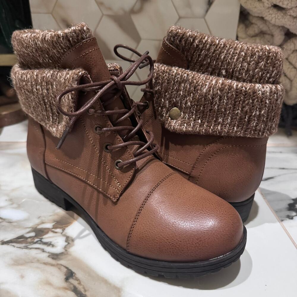 Jessica Cline Women's Brown Faux Leather Knit Sweater Cuff Lace‎ Up Booties Sz 9